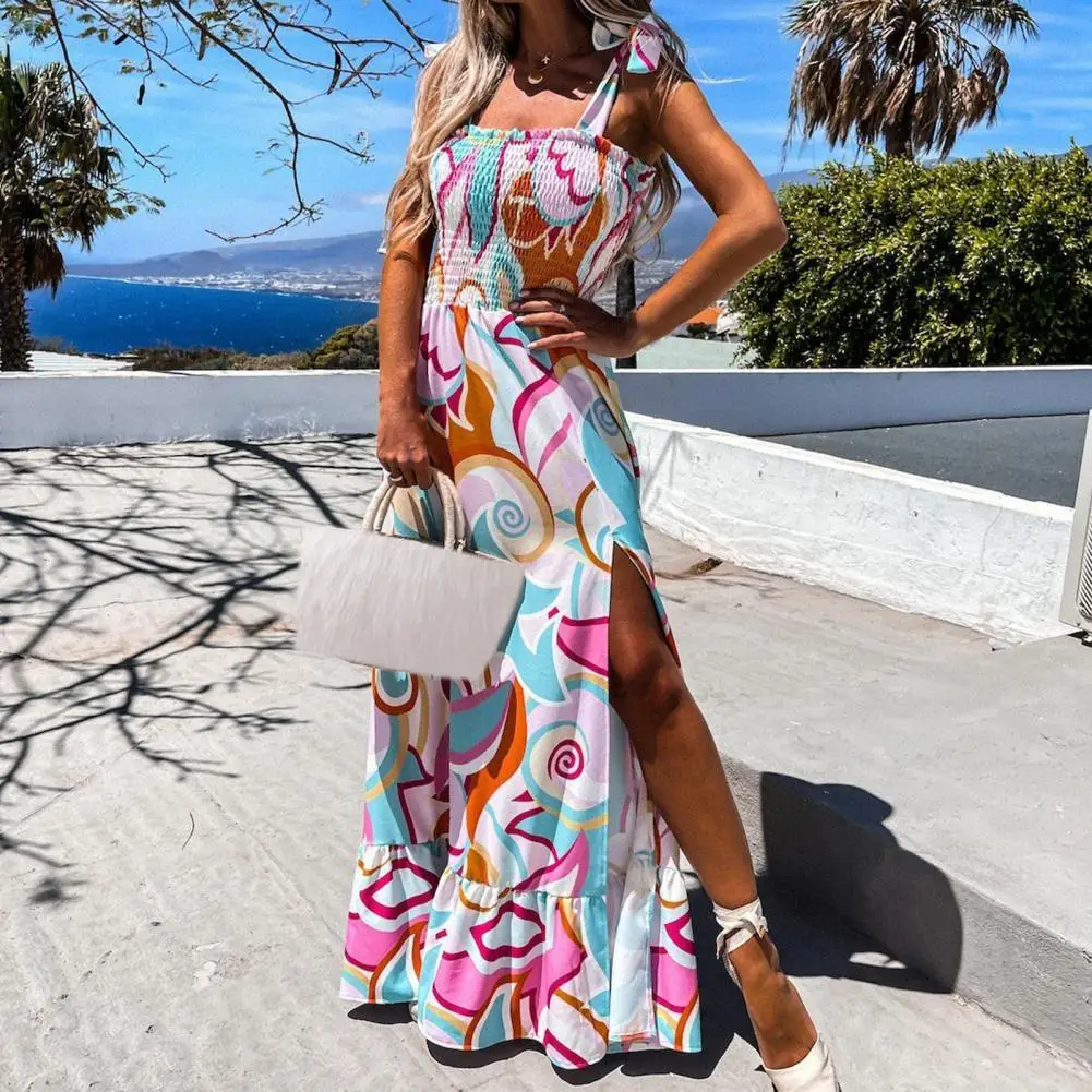

Women Maxi Dress Rainbow Print Low Cut Women Sleeveless Waist Tied Split Dress Camisole Dress for Travel Pink/purple
