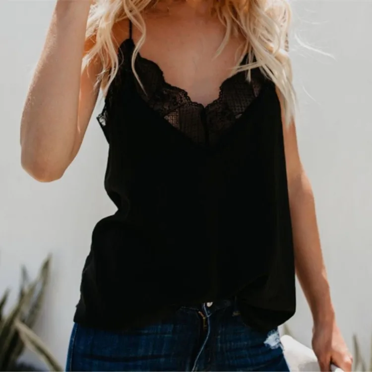 Spaghetti Strap Top Women V Neck Basic White Cami Camis Sleeveless Patchwork Lace Tank Tops Summer Camisole | Женская одежда