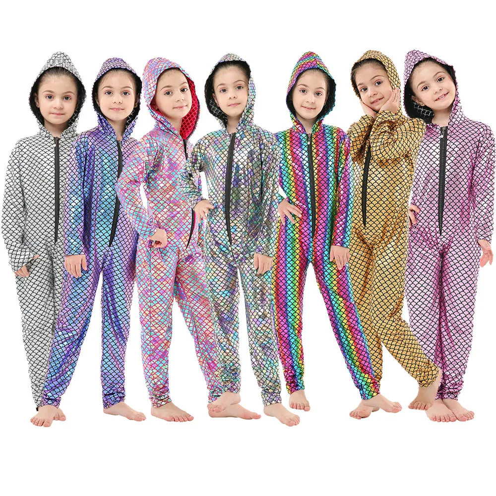 Цельный комбинезон русалки с капюшоном и блестками для маленьких девочек Костюм