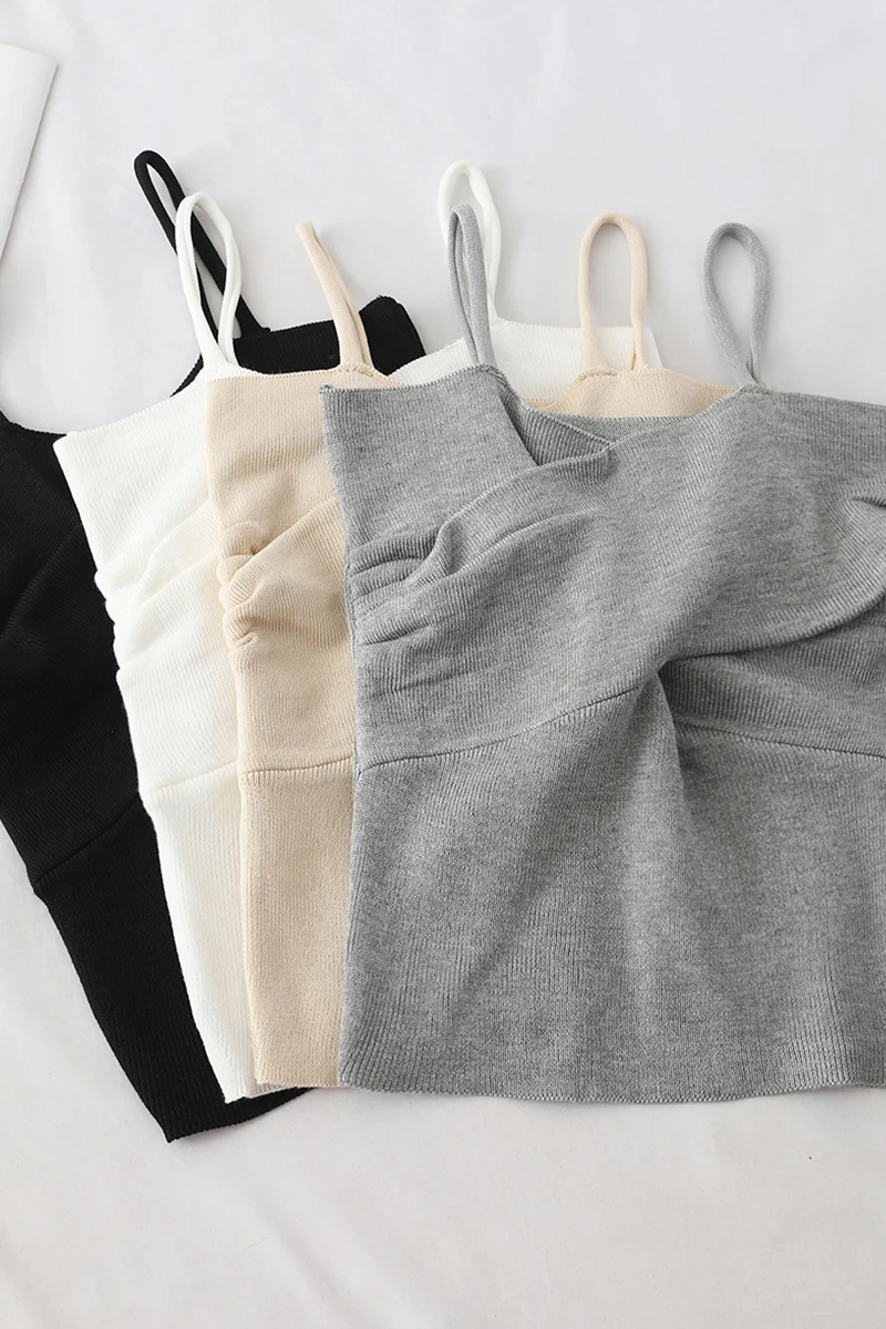 

Rings Diary Women Knitting Camisole Spaghetti Strap French Chic Wrap Front Sweet Crop Tops Backless Ladies Solid Sexy Knit Top