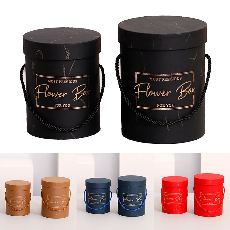 

Round Printed Flower Paper Boxes With Lids Packaging Flowers Gifts Candy Bags With Handle For Wedding Party Florist Decoration