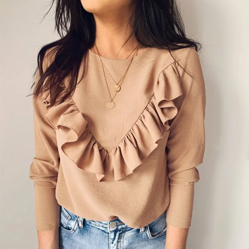 

Shimai Long Sleeve Elegant Women Blouses 2021 Lady Office Work Ruffles O-Neck Khaki Shirts Tops White Black Autumn Winter Blouse
