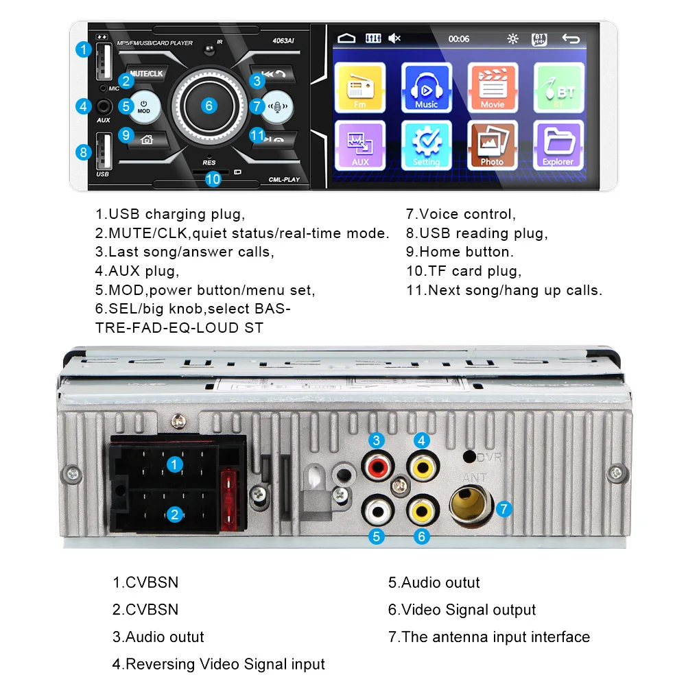 

Car MP5 Video FM Radio Player 4.1'' Touchscreen Multimedia DC 12V Autoradio Stereo Audio USB Charger Bluetooth 4.2 Voice Control