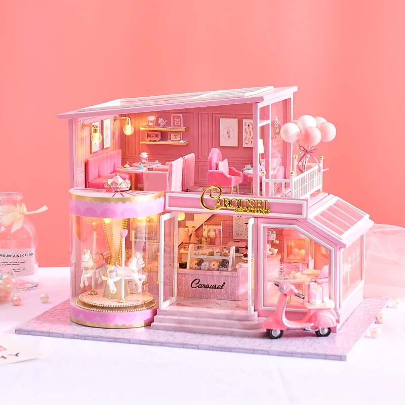 

DIY DollHouse Wooden Miniature Toy with Furniture Kit Casa Music Led Assemble 3D Doll House Model Carousel Toys for Children