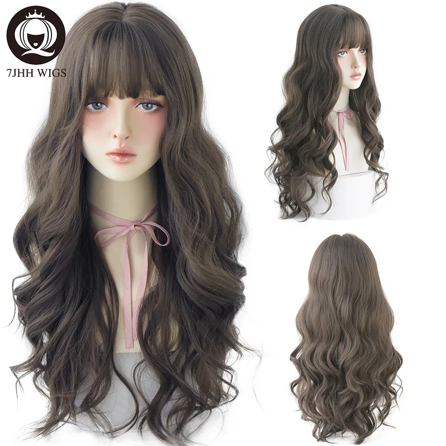 7JHH WIGS Lolita Wigs With Bangs Omber Blonde Long Deep Wave Wigs For Women Noble Blonde Heat Resistant Synthetic Cosplay Wig