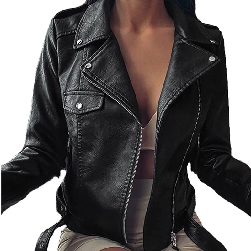 

Women Jackets 2021 New Autumn Faux Leather Lapel Oblique Zipper Button Slim Women Coats With Sash Plus Size Streetwear T559