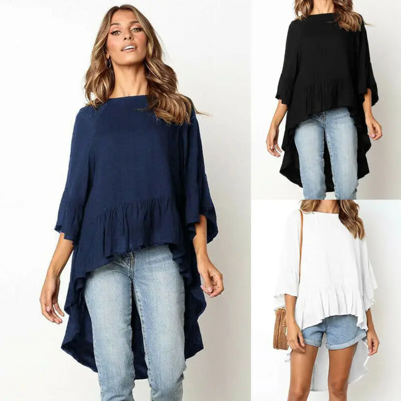 Асимметричная Женская однотонная блузка в стиле бохо с оборками расклешенными