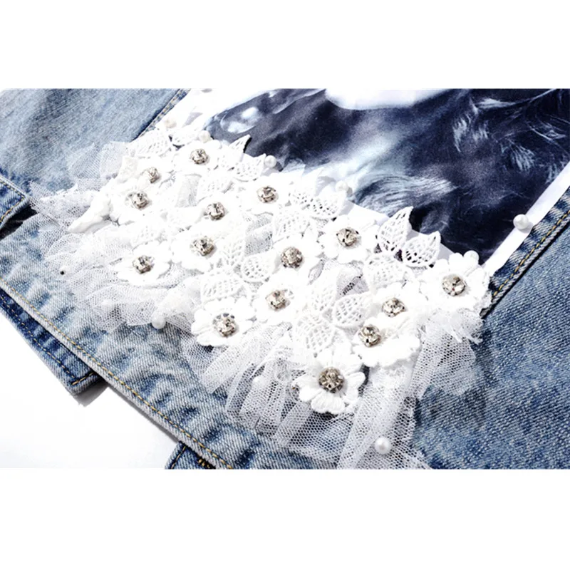 Летний модный короткий джинсовый жилет с вышивкой бисером женский без рукавов