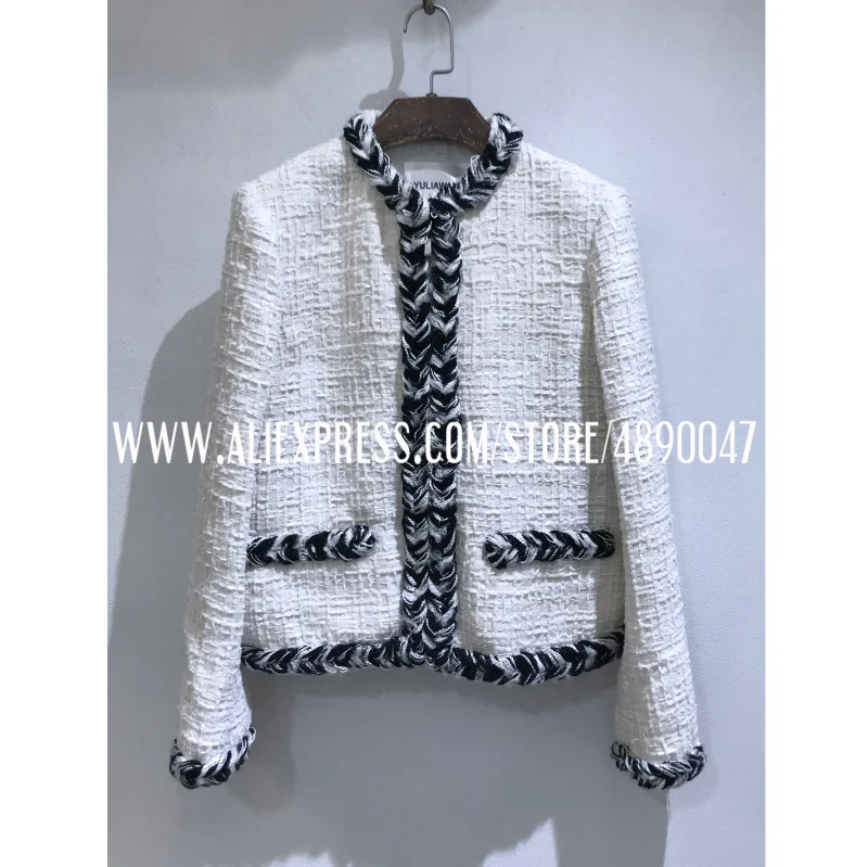 

Women's Vintage Long Sleeve Casual Jacket Elegant Female High Quality Woolen Tweed knitted black white border coat Silk lining