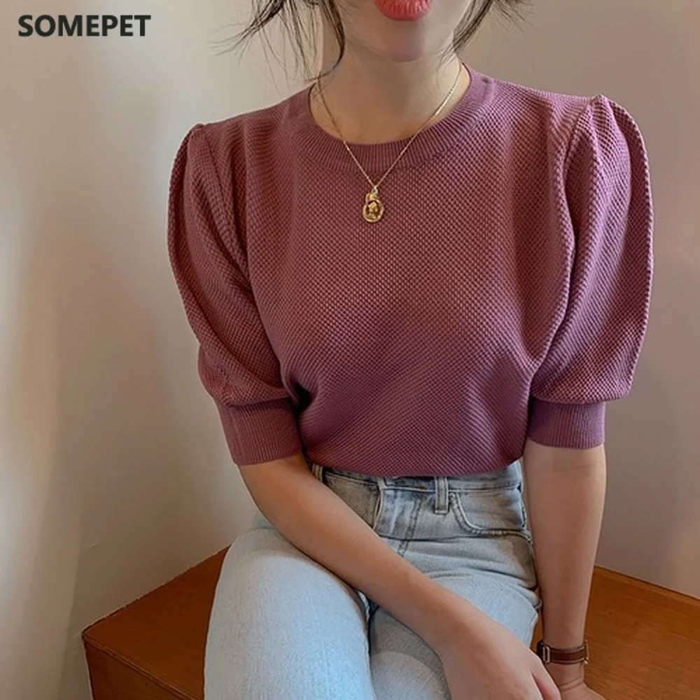 

Summer Korean Chic Pullover Women Casual Short Puff Sleeve Knitwear Top Vintage All-match Jumper Sueter Mujer