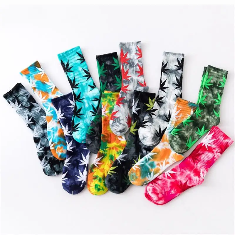 

1Pair Fashion Happy Funny Men Socks Breathable Sport Maple Leaf Comfortable Tie-dyed Woman Weed Skateboard Long Hip Hop Socks