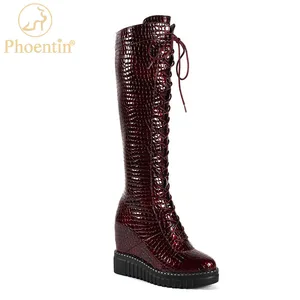 Сапоги женские из натуральной кожи, на высокой танкетке, с перекрестной шнуровкой, FT1207, зимние, 2020