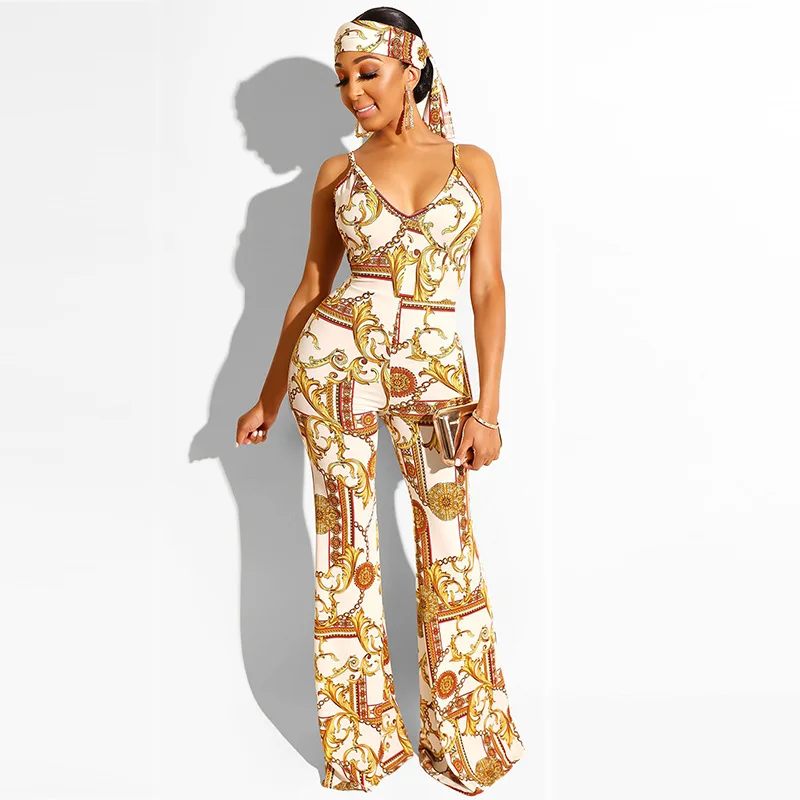 

Summer Women Suspenders Long Flared Jumpsuits Fashion Office Ladies V-neck Sleeveless Printed Jumpsuits Women