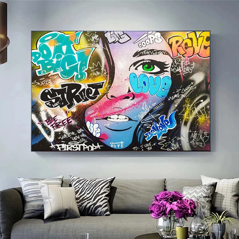 

Graffiti Art Colorful Woman Canvas Painting Distorted Woman Face Posters and Prints Street Wall Art Pictures Living Room Decor