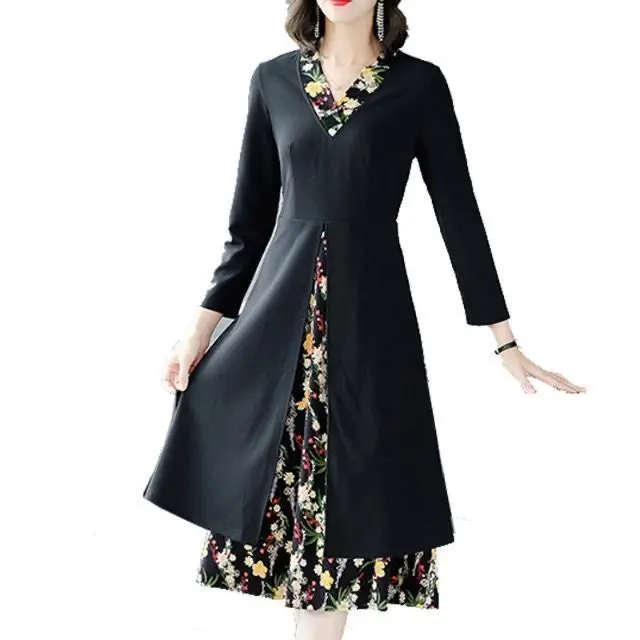 

Long Floral Dress New Autumn Winter Fake Two-Piece Women's Clothing Dresses for Women Vestido De Mujer