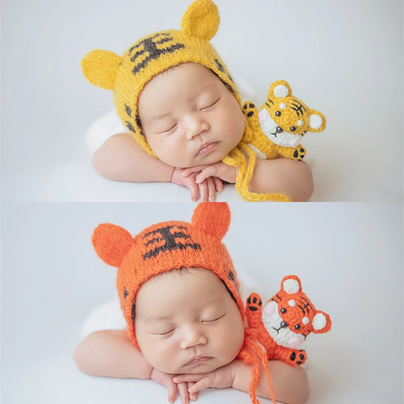Dvotinst Newborn Baby Photography Props Knit Cute Tiger Bonnet Hat Doll 2pcs Fotografia Accessories Studio Shooting Photo Props