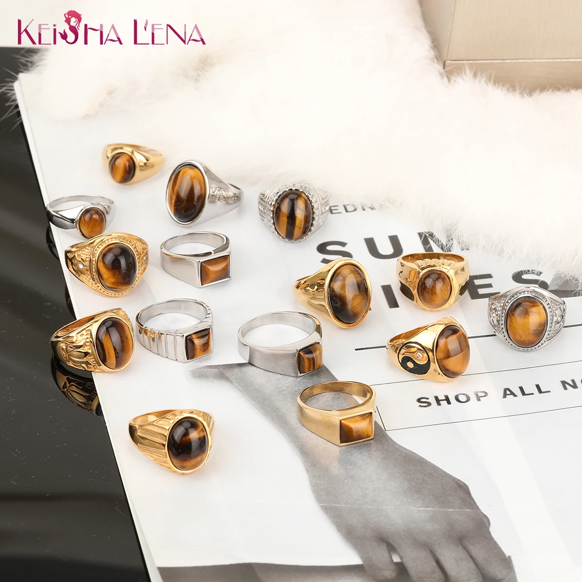 Кольцо мужское/женское из нержавеющей стали с коричневым тигровым глазом |