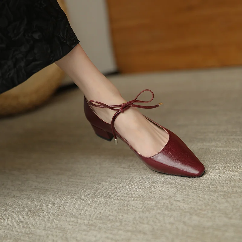 

QUTAA 2021 Spring Summer Pointed Toe Square Heel Basic Women Shoes Lace Up Genuine Leather All Match Female Pumps Size 34-39