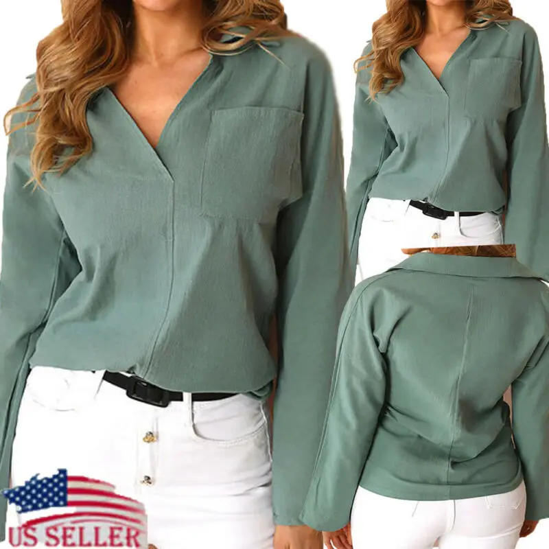 

Fashion Women Casual V Neck Long Sleeve Pocket Blouse Lady Solid Top Shirt