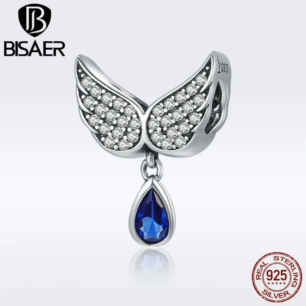 BISAER 925 пробы серебро ангел-хранитель с крыльями из перьев капли воды шарма бусины браслет шарма 925 Серебряные ювелирные изделия GXC481