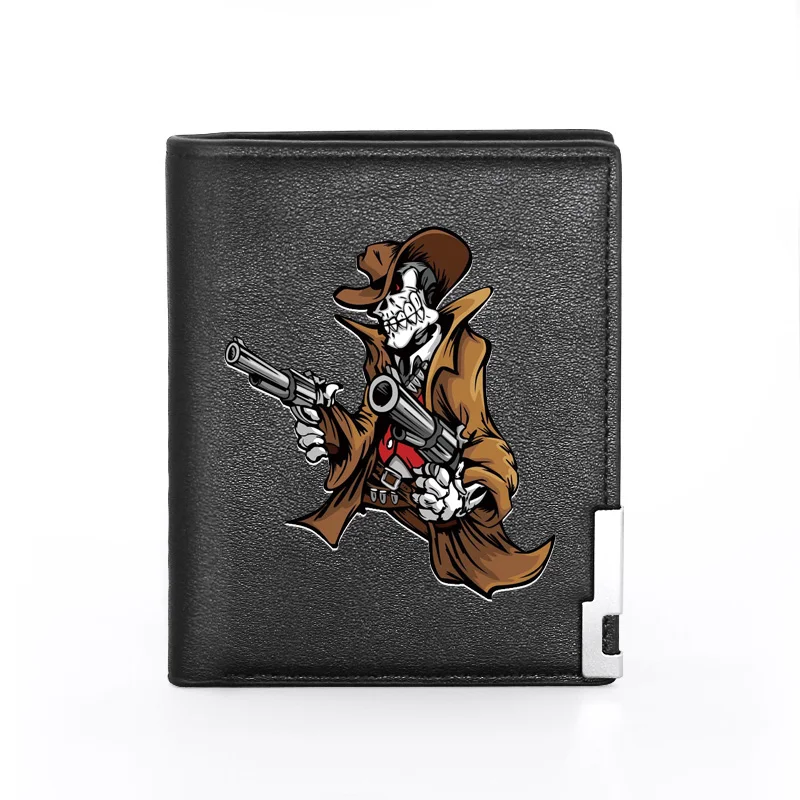 

High Quality Skeleton Gunner Men Women Leather Wallet Billfold Slim Credit Card/ID Holders Inserts Money Bag Male Short Purses