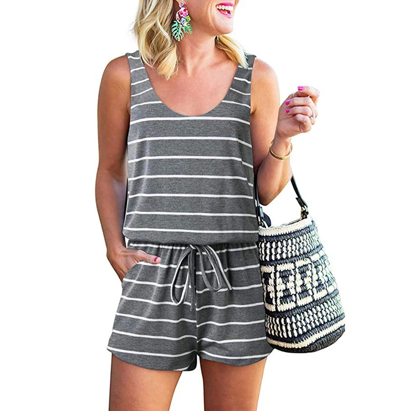 Женское боди в полоску без рукавов с V образным вырезом|Комбинезоны c шортами| |