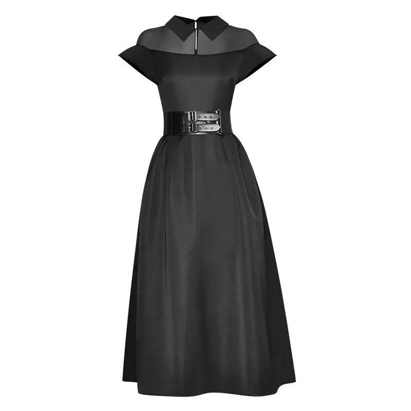 Прозрачная сетка Лоскутные расклешенные короткий рукав отложным воротником и