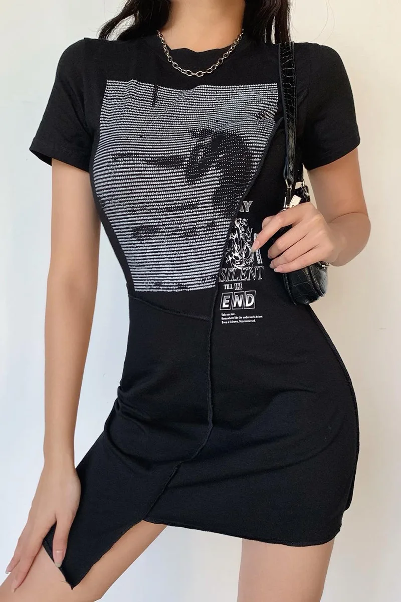 

Letter print dress women's 2020 summer new European and American fashion slim slim short-sleeve irregular skirt