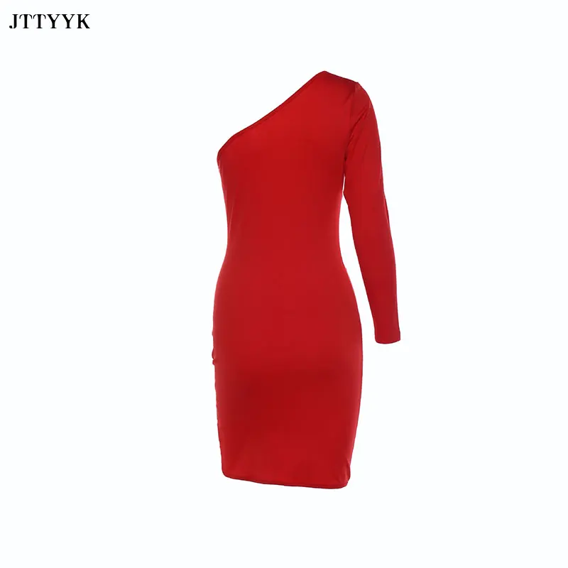 

2021 Summer Sexy One-shoulder Long-sleeve Bag Hip Skirt Women High-waist Pleated Slim-fit Split Dress Female Mini Party Dress