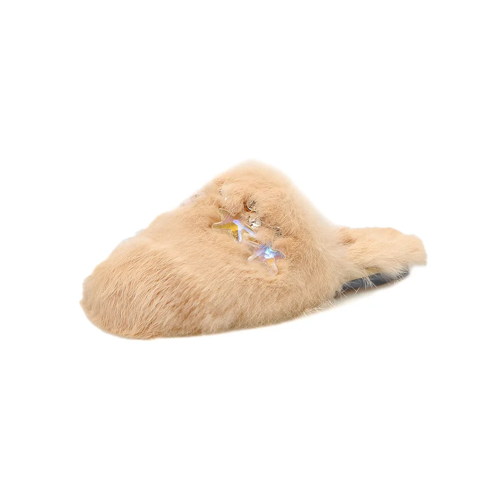 Fahion Real Rabbit Fur Winter Slippers For Women Plush Fur Soft Warm Outdoor  Non-Slip Cartoon Cotton Home Slippers Sale
