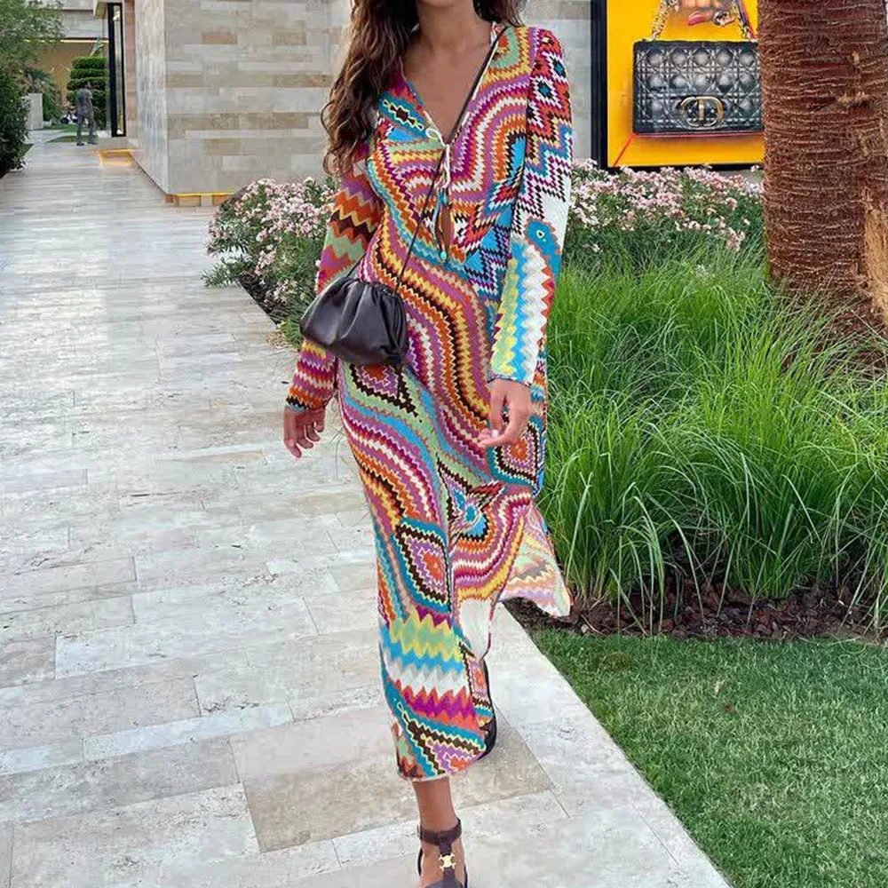 

2021 Summer Women Beach Style Color Print Casual Slim Long Dress Female V Neck Split Vintage Ladies Long Sleeve Dress