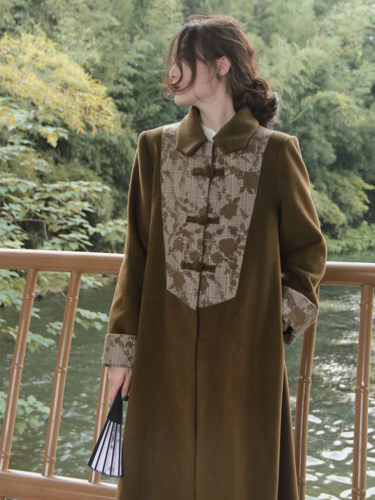 Новое желтое шерстяное пальто в китайском стиле с листочками женское новое
