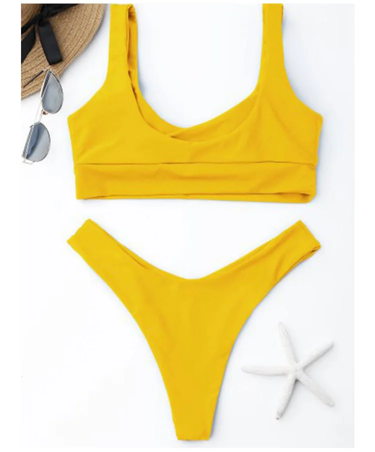 

2020 new women's solid scoop neck push up Brasil Thong Bikini Bathing Suit beach split swimwear