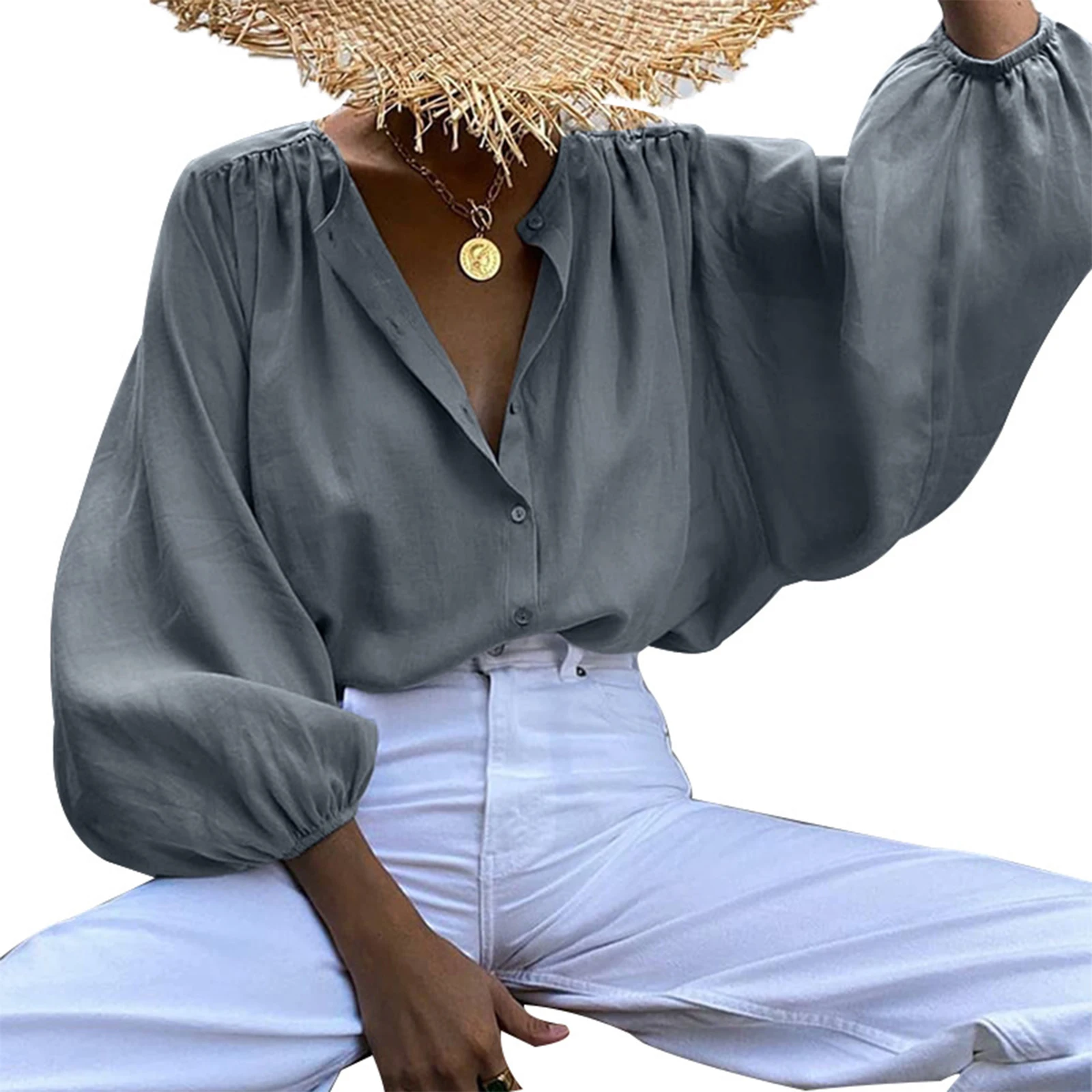 Женская однотонная блузка с рукавами-фонариками свободная однобортная рубашка