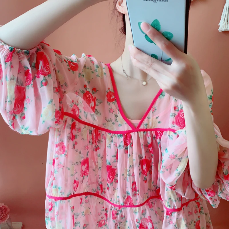 

Женские летние корейские милые сексуальные шифоновые блузки с v-образным вырезом и рукавами-фонариками с цветочным принтом