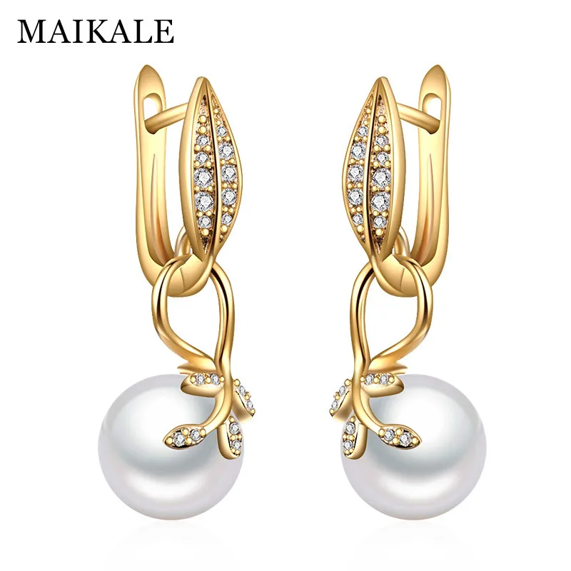 gold MAIKALE Новые простые серьги в форме листа с жемчугом золотого и серебряного цвета AAA кубический цирконий корейские серьги для женщин Отправка подарков - Окраска металла: gold