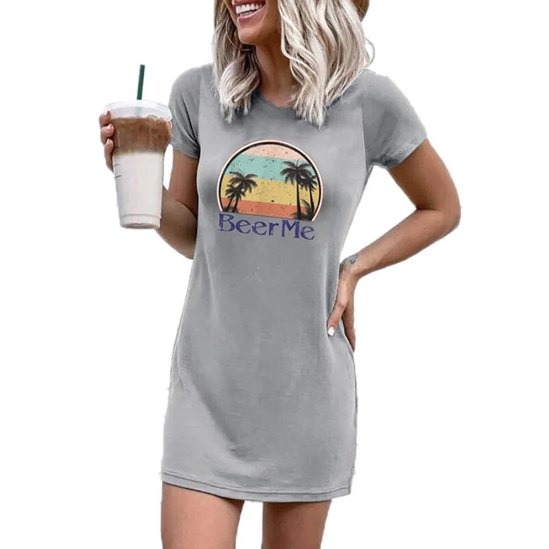 

2021 Summer Fashion Women's Casual Base Coat Rainbow Bee Me Letter Pattern Printed Round Neck Short Sleeve Mini Dress