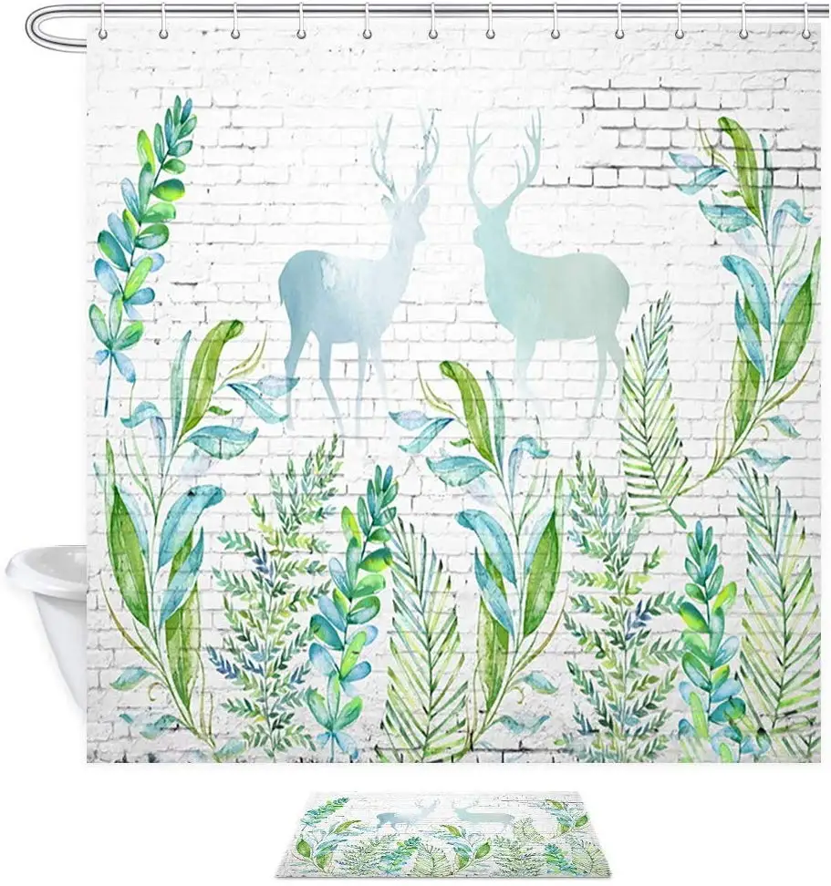 Рождественский силуэт оленя с зелеными акварельными листьями на кирпичной стене