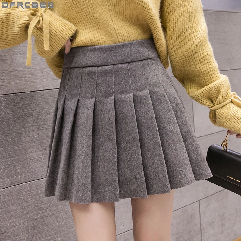 

Casual Streetwear Pleated Skirt Women Winter Wool Short Skirts A-line Mini Jupe Femme Gray Black Saia Kawaii School Skater Skirt