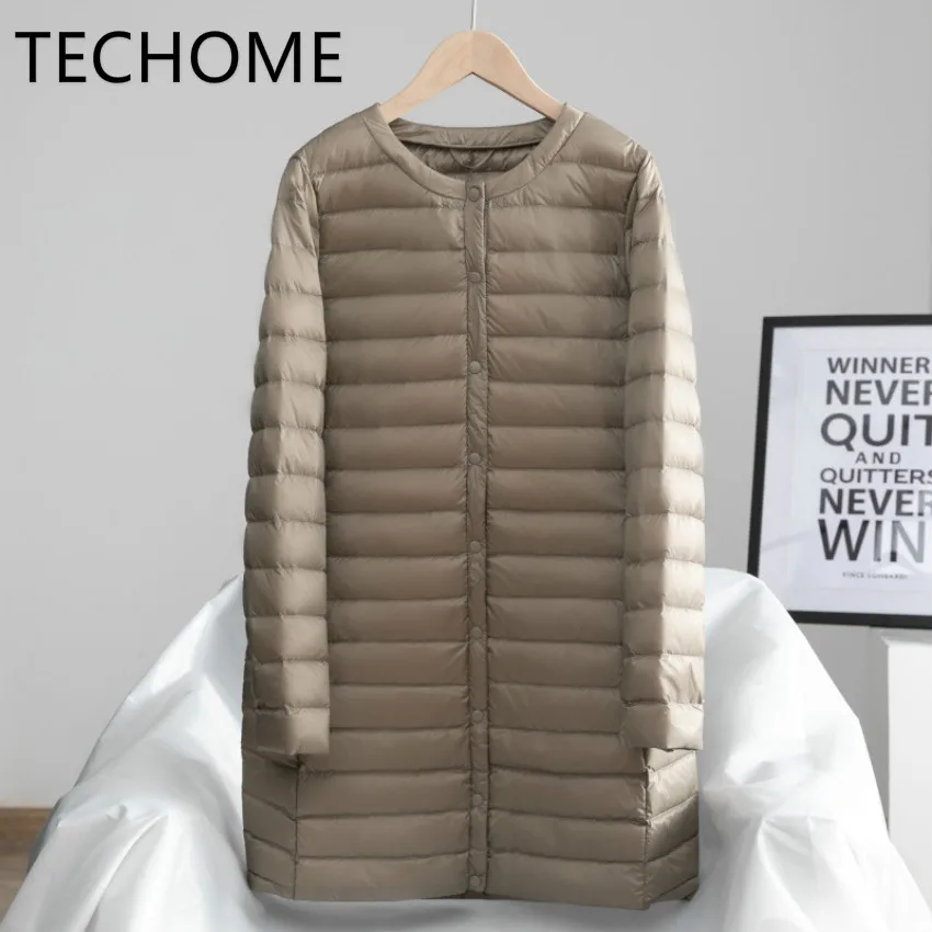 Techome женский пуховик ультра легкий белый утиный пух длинное пальто тонкий зима осень теплая внутренняя нижняя одежда
