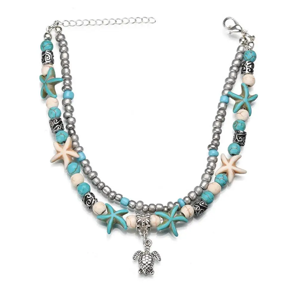 Браслет двухслойный Женский на ногу анклеты из золотистой ракушки с кулоном