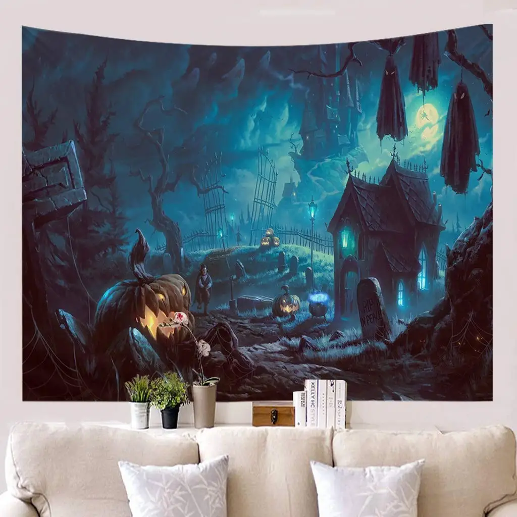 

Horror Halloween Tapestry Pumpkin Sorcerer Fabric Painting Wall Decoration