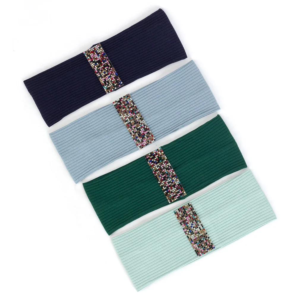 

Women Ribbed Headband Colorful Rhinestones Accessories Stretchy Flat Hairband Head Wrap For Female Striped Turban Headwear