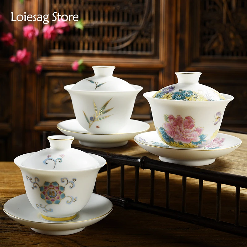 

Loiesag 140ml Dehua White Porcelain Covered Bowl Sheep Fat Jade Tea Bowl Underglaze Ceramic Handmade Sancai Gaiwan Teapot Teacup