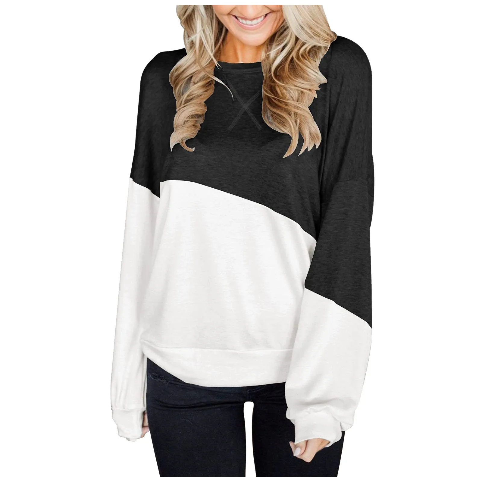 

2021 Women Long Sleeve Tops Colorblock Pullover Sweatshirts Loose Fit Casual Loose Patchwork Western Style Retro Sweatshirts
