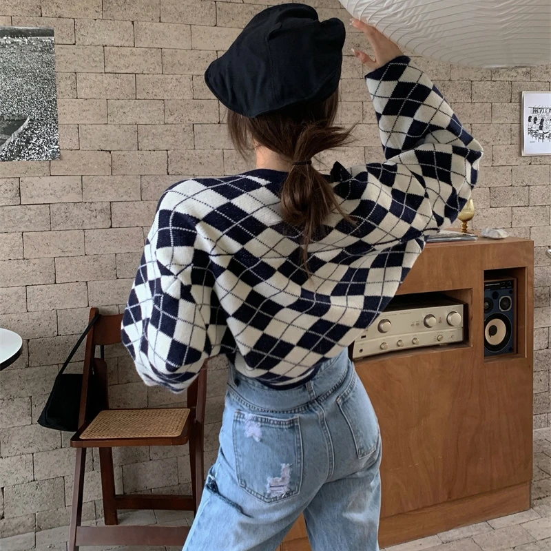Свитер в клетку пальто для женщин Осень-зима ретро свободный крой короткий