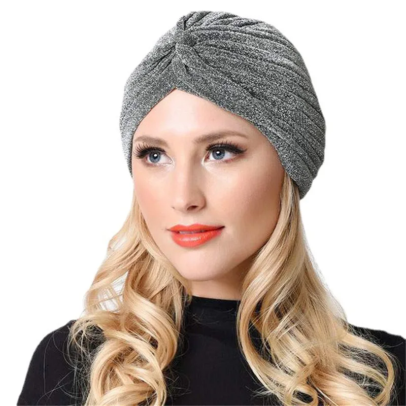 

2020 Elastic Women Bright Silk Turban Hijab Cap Muslim Glitter Knot Twist Headwrap Bonnet Ladies Hair Loss Chemo India Cap