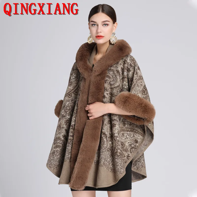 6 Colors 2022 Khaki Long Faux Rabbit Fur Collar Hat Cloak Women Party Overcoat Winter Thick Cape Loose Printed Streetwear Coat