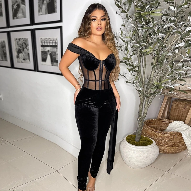 Women Sheer Mesh Velvet Patchwork Black Jumpsutis Off The Shoulder Sexy See Through One Piece Overalls Night Club Party Rave Out