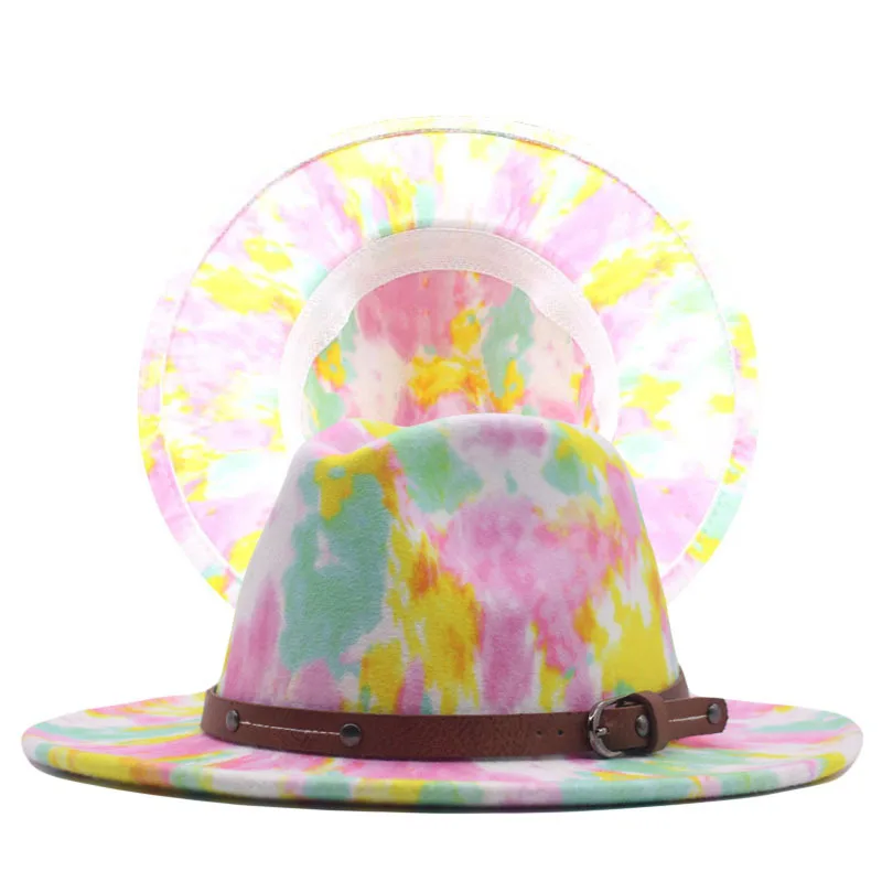 

Оптовая продажа, новейший модный дизайн, разноцветная фетровая шляпа Федора с принтом, радужной расцветки, шляпа для женщин, шляпа с широким...